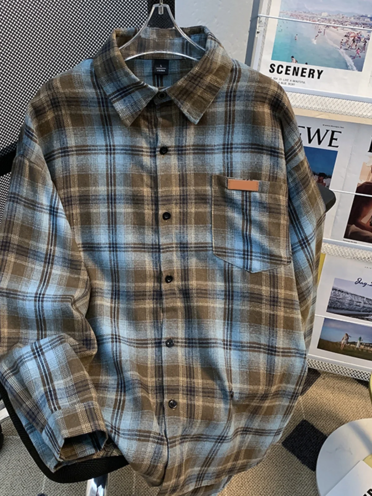 

Vintage Plaid Long Sve irt Men's Casual Loose Outerwear Autumn Spring Trendy Brand American Sle Couple's irt