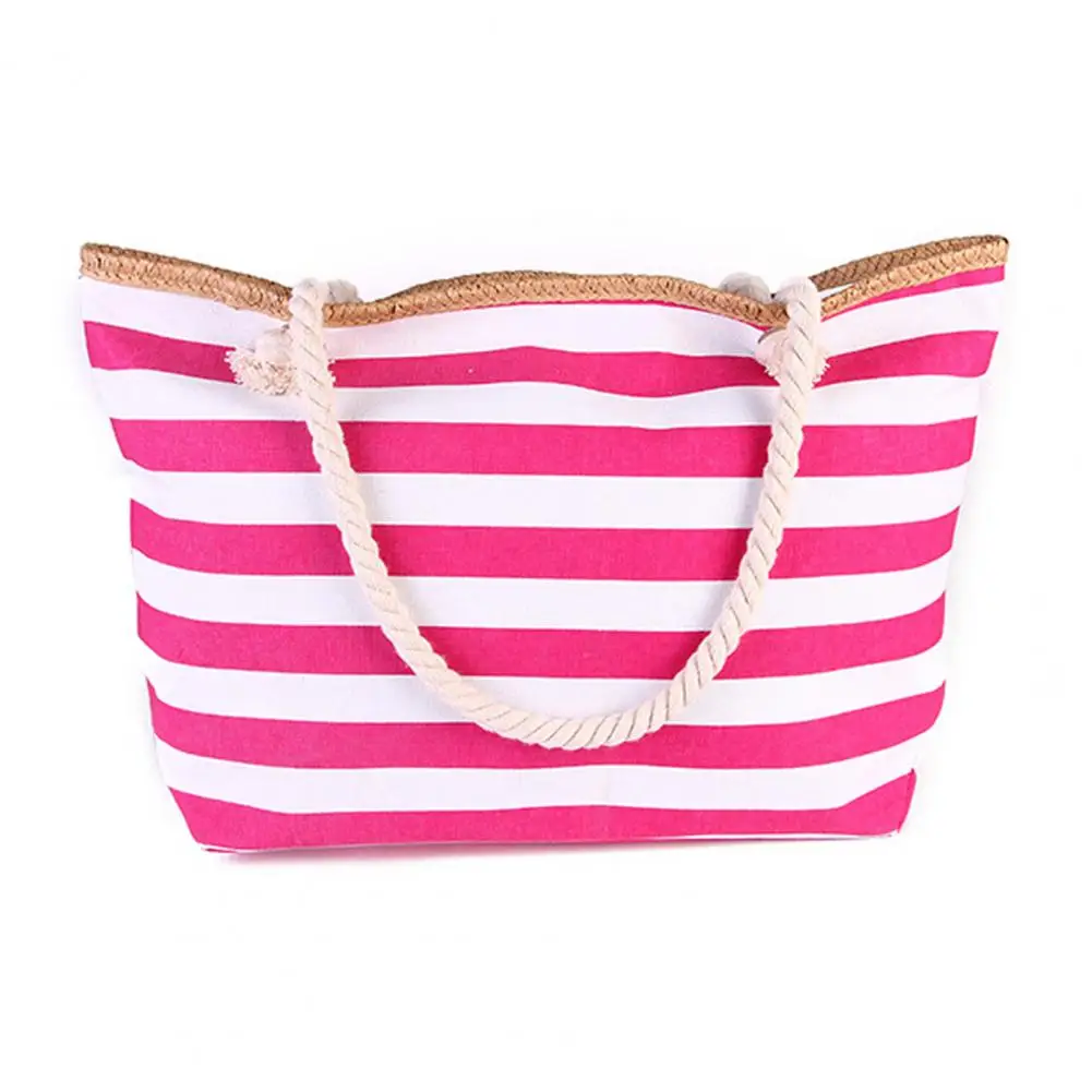 Canvas Shoulder Bags Striped Anti Scratch Female Multipurpose Smooth Zipper Shopping Pouch Travel Handbags for Beach