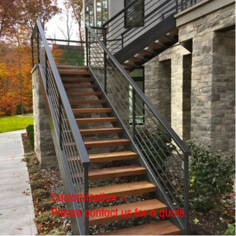 custom.Outdoor Staircase Custom Bilateral Steel Plate Wooden Steps Steel Structure Straight Staircase With Steel Rod Railing