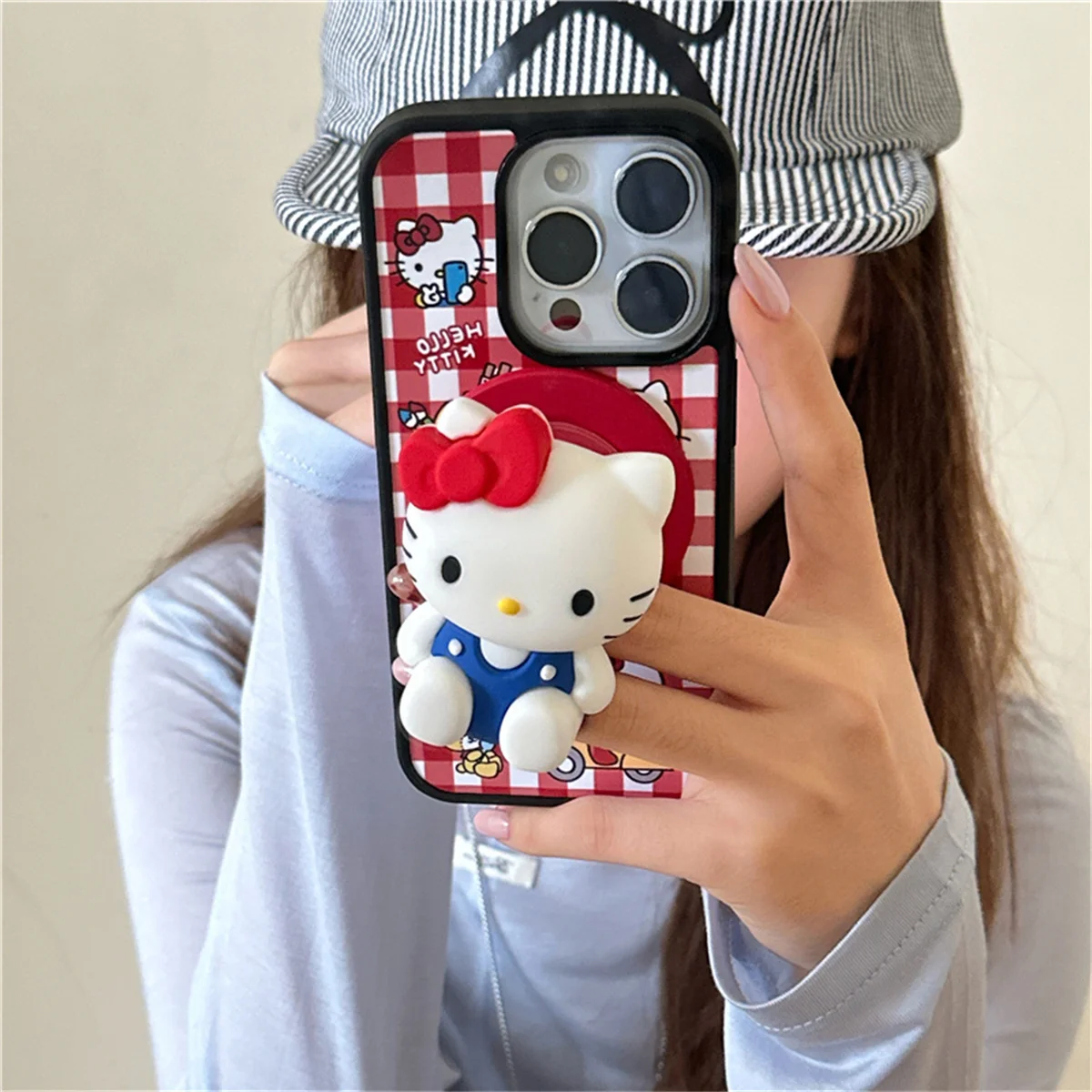 Casing Ponsel Magnetik Pola Kotak-kotak Kucing Lucu Fashion untuk iPhone 16 Pro 13 14 15 Pro Max Penutup Belakang dengan Dudukan untuk Magsafe