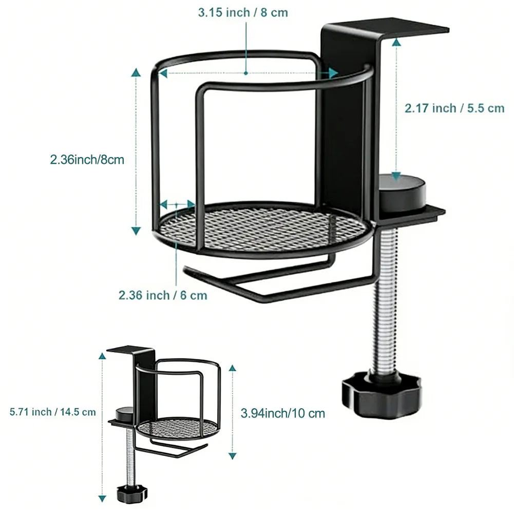 Stainless Steel 2-in-1 Desk Cup Holder with Clamp Fixing System for Tables 1 cm to 6.8 cm Thick Designed for Daily Beverage Use