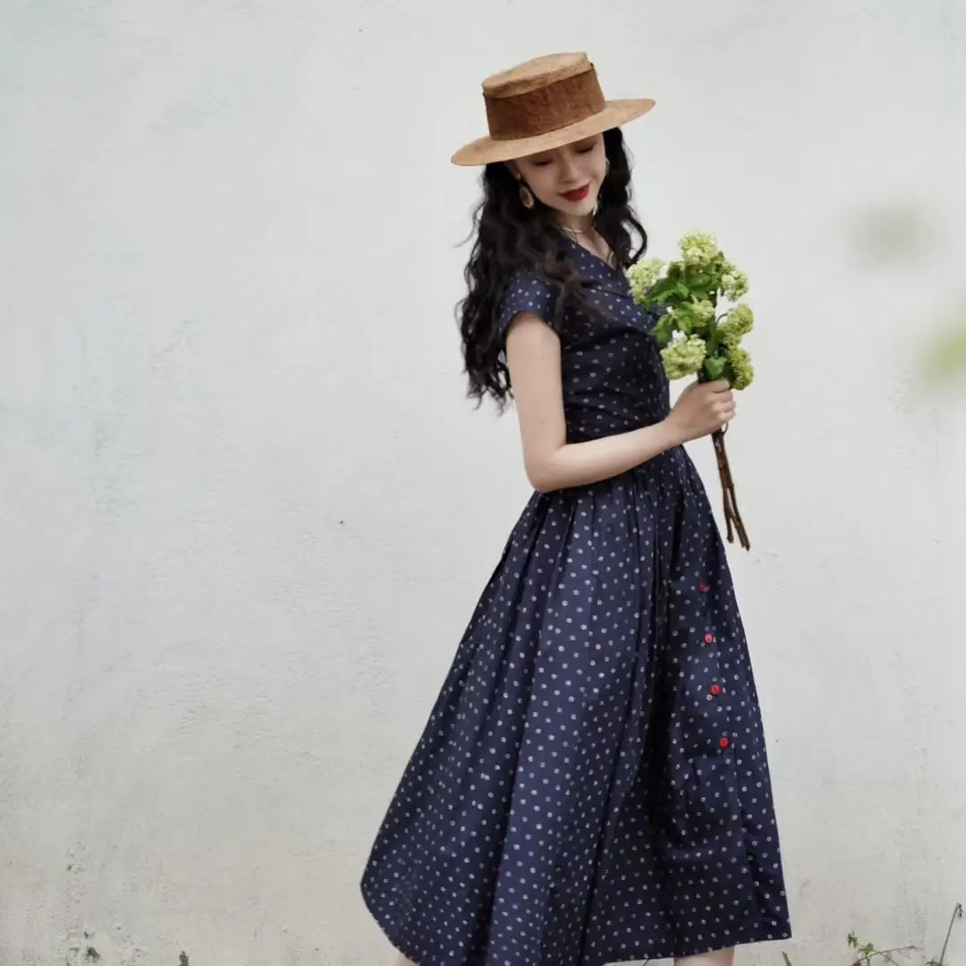 retro navy blue polka dot dress safuny Women's Trendy Long Maxi Dress Polka Dot Short Sleeve V Neck Dress Boho Ruffle Flowy Hem Retro relaxed Clothing Fashion Summer Navy XL