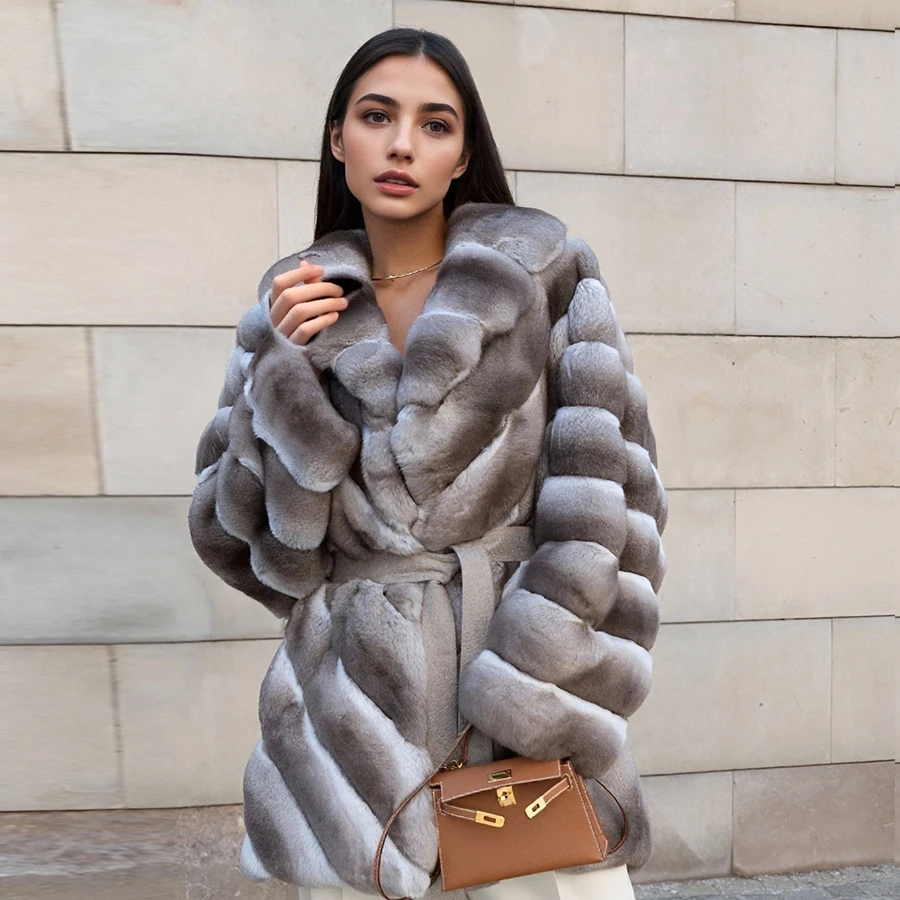 

Latest Design Winter Fur Coat Women Jacket Real Rex Rabbit Fur Long Overcoat