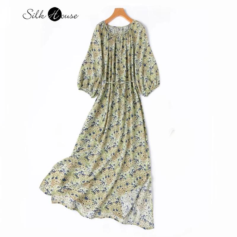 

Yellow Blue Forest Vacation Style 100% Natural Mulberry Silk Crepe De Chine Round Neck Lantern Sleeve Women's Casual Split Dress