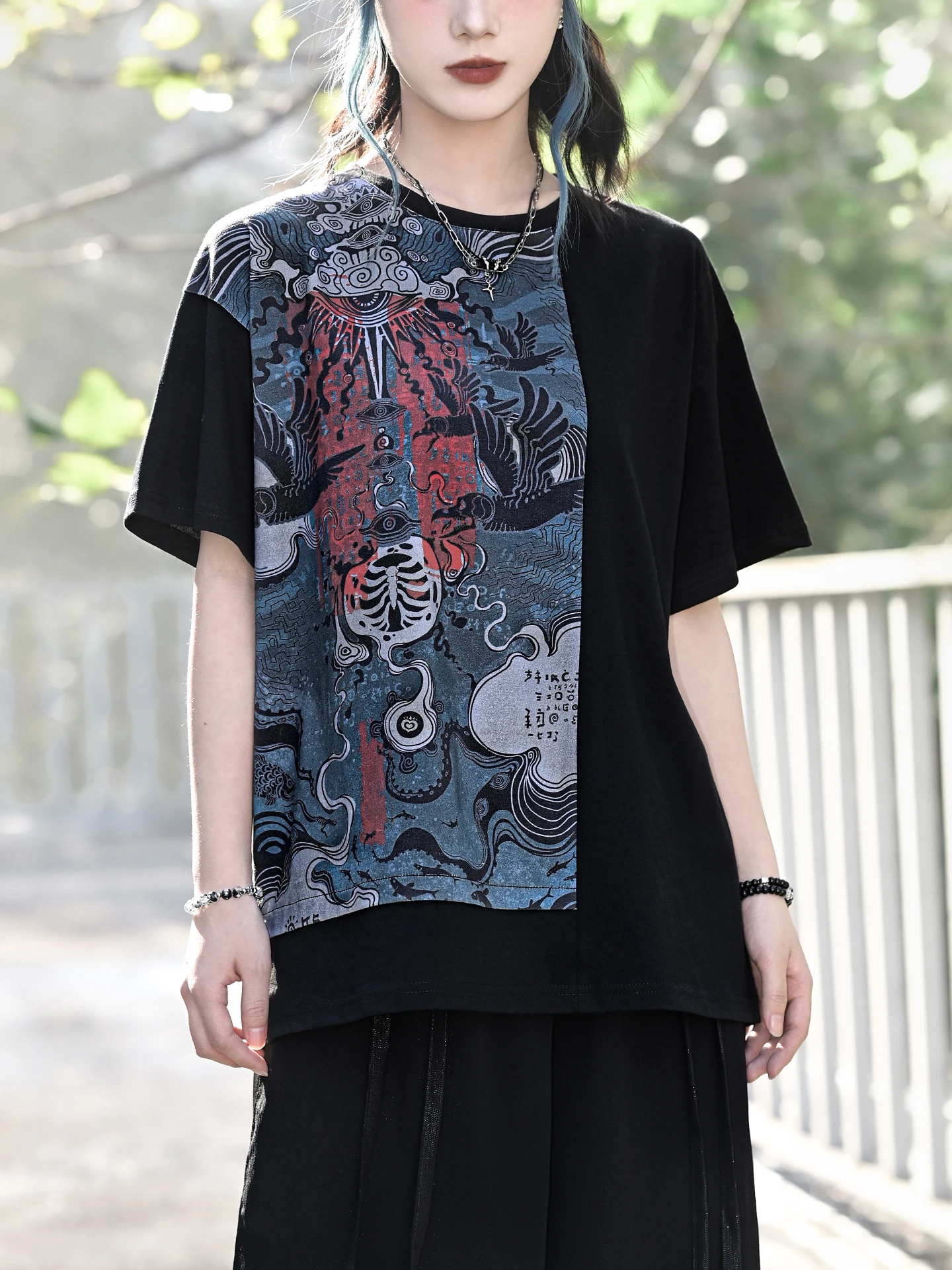 Asymmetric Dark National Style Print Short Sleeve Cotton T-Shirt Women's Retro Summer Pure Cotton Top Casual Loose Fit round ...