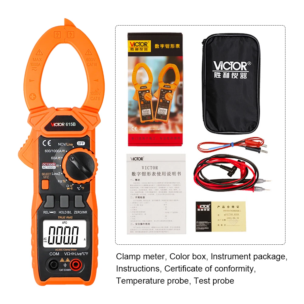 Victor 615B Digital Clamp Meter DC/AC Current 6000 Counts 1500V 1000A Multimeter Large LCD Screen Voltage Tester Car Hz NCV Ohm