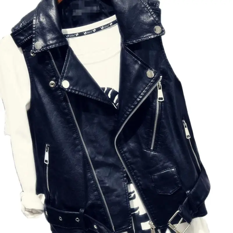 Hot Sale Black Sleeveless Pu Women Leather Jackets Winter Jacket Pu Belt Veste Motorcycle Jacket Waistcoat Vest Rivet Vests