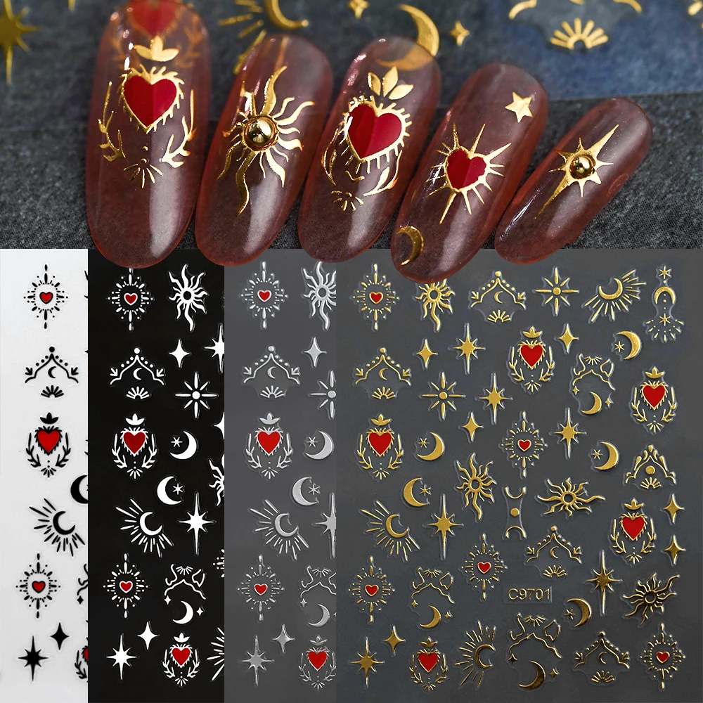 8 pièces/ensemble 3D bronzant argent coeur ongles autocollants métal Starlight lune soleil holographique ongles curseur Y2K Nail Art décalcomanie manucure Acc