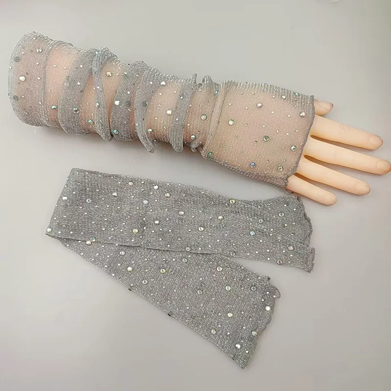 Sexy Wedding Bride Party Dress Dance Hot Drill Fingerless Sun Fishing Net Sleeve Glove Women Mesh Lace Rhinestone Mitten