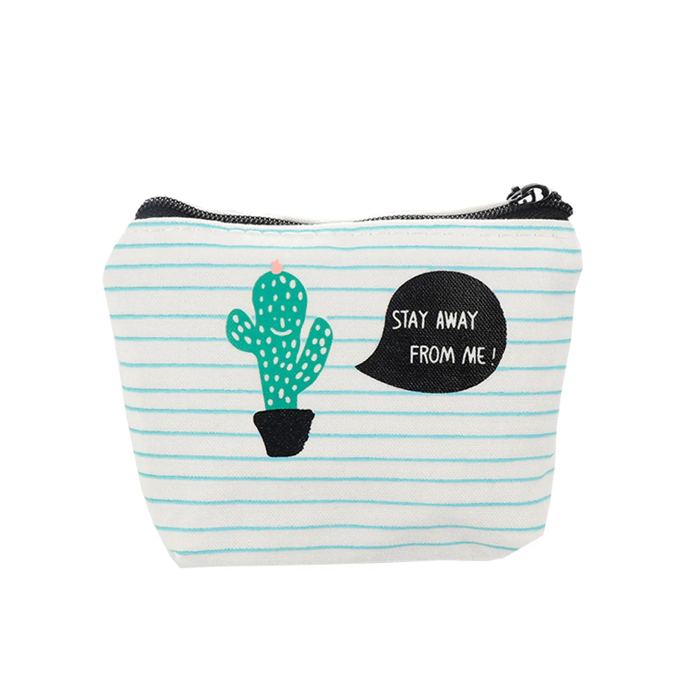 Women Student Canvas Purses Cute Cartoon Cactus Portable Coin Pouch Bag Card Bag Headset Bag