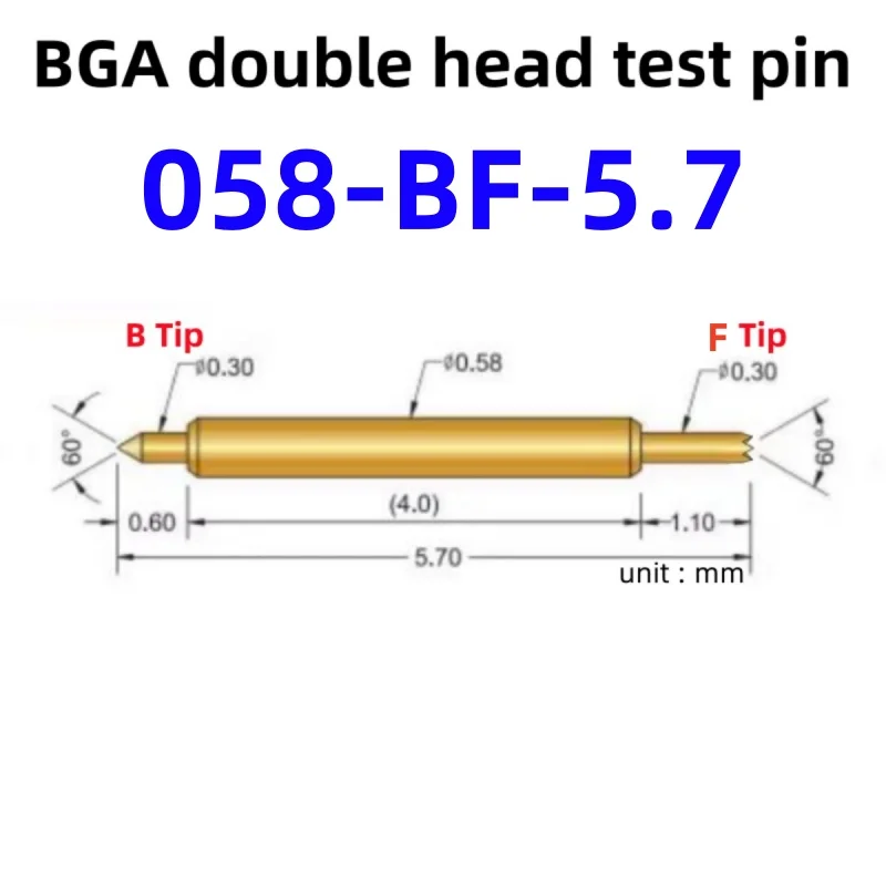 100pcs Double-ended Test Needle Test Probe BGA Semiconductor Probe 058-BF-5.7L Telescopic Spring Test Pin 5.7 Pogo Pin