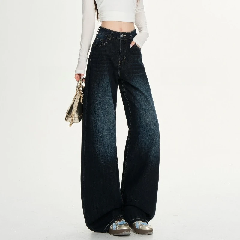Women Fleece Lined Retro Street Style Wide Leg Pants Niche Design Floor Length Pants High Waisted Loose Fit Slimming Jeans