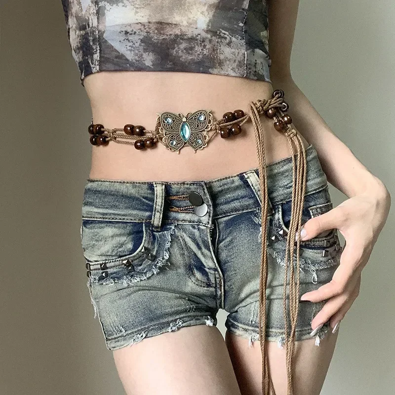 Women's Waist Chain Literary Y2K Wax Rope Accessories Butterfly Waist Rope Bohemian Ethnic Style Literary Retro Dress Chain Belt