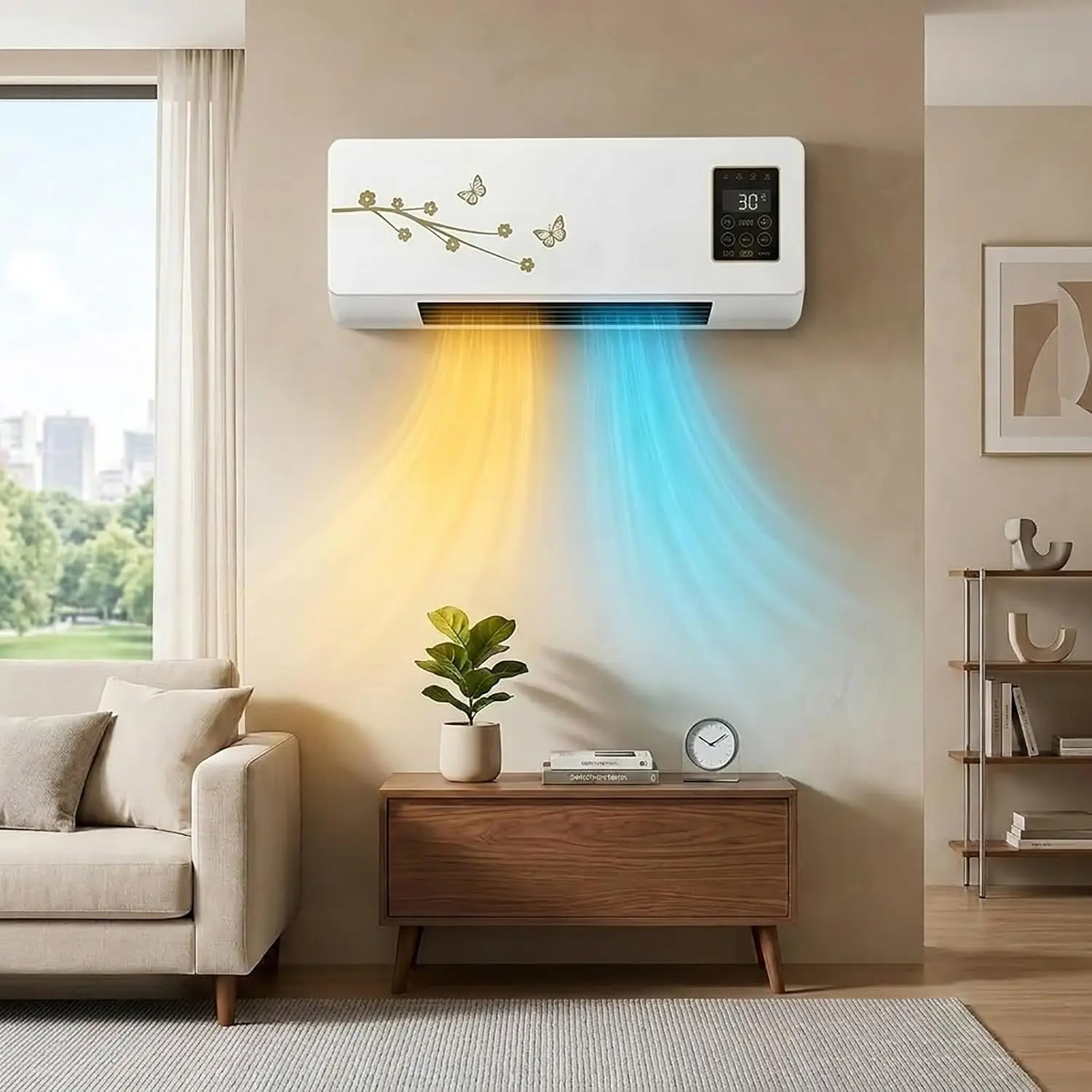 Wall Mounted Air Conditioner Unit, Mini Split AC and Heating System Combo for Bedroom, Small Ductless Space Heater, Quiet Mini AC Fan with Remote Control for Home, 1800W(Brown)