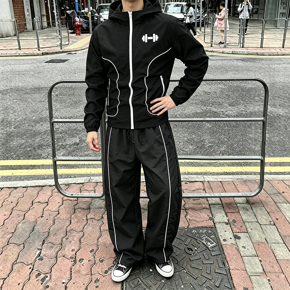 Workout Fitness Mens Tracksuit Stripe Hooded Jacket Geometric Dumbbell Print Drawstring Hem Trousers Casual Running 2 Pcs view 5