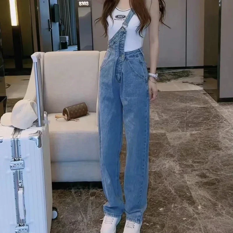

Spring Summer Irregular High-waisted Thin Wide-leg Pants Women's Waist Oblique Buckle Personality One-shoulder Denim Overalls