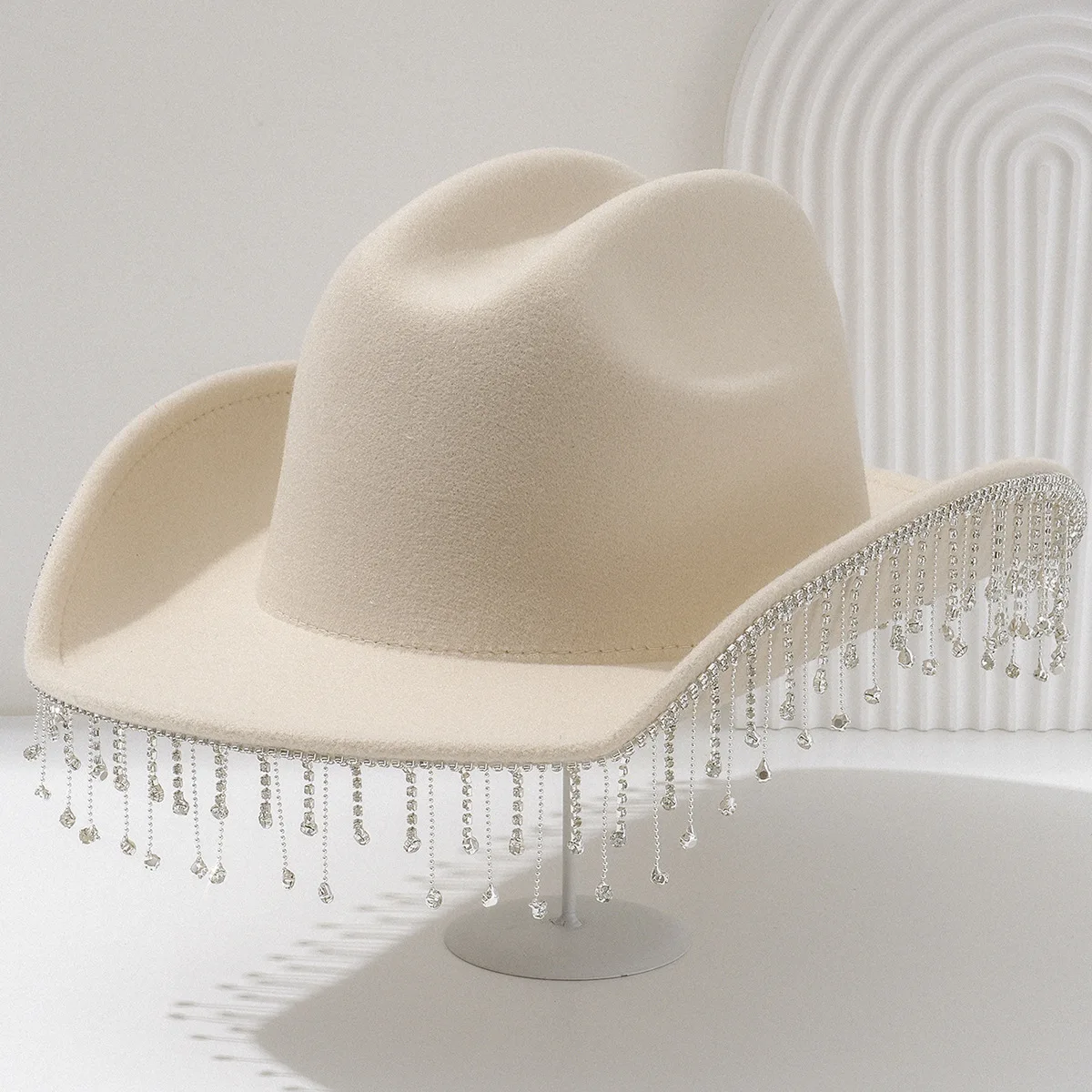 Western-Cowboyhut aus Filz mit Quaste, Sonnenhut mit großer Krempe, großer Kopfumfang, warmer Zylinder, britischer Damenhut – Detail 4