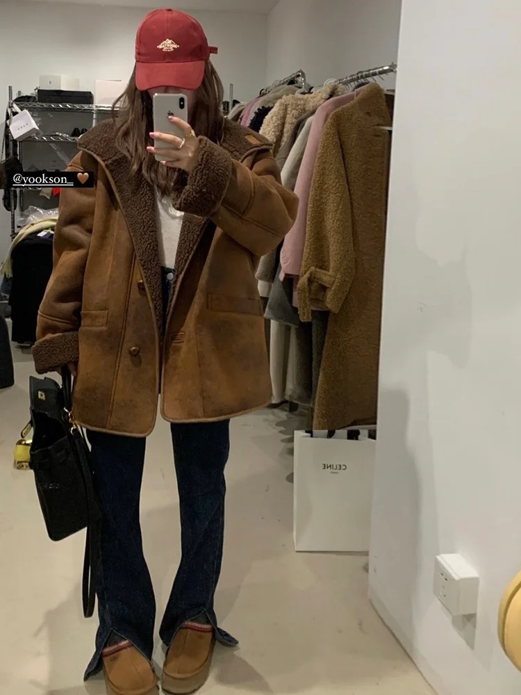 

Thiened Lamb Fur Jaet Irony Motorcycle Clothes Women's Winter Warm Outerwear Straight Cut Sle Chinese Production