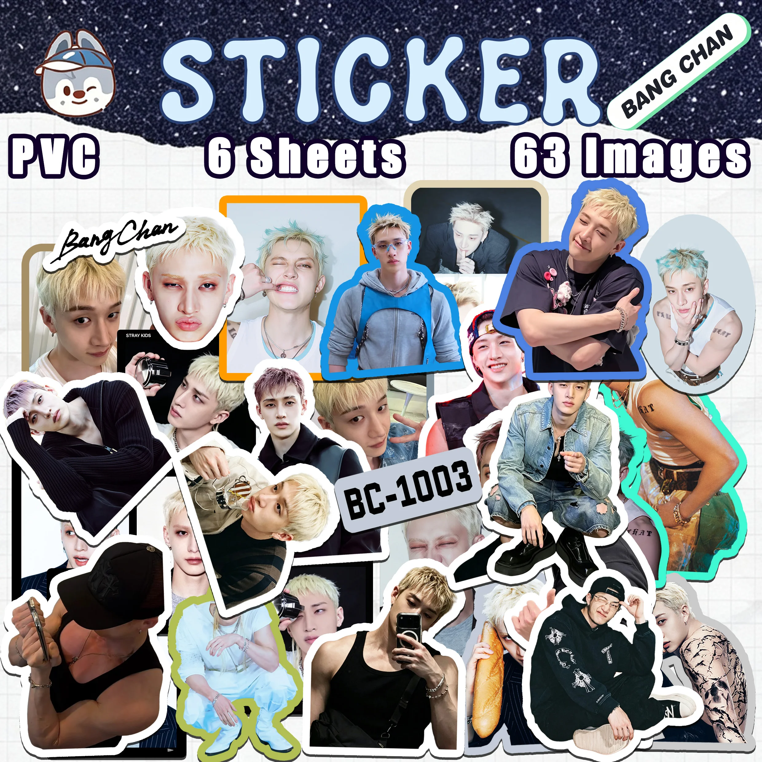6 sheets 63pcs SKZ Bangchan images stickers, cute images,suitable for hanging on suitcases, bags,the best gifts for STAY