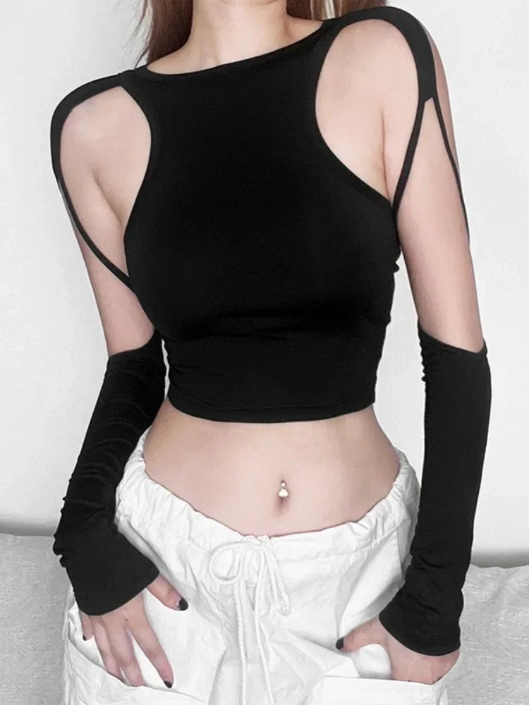 34430 Hollow Out T Shirts For Women Hot Club Outfits Long Sleeve Crop Top Y2k Accessories Solid Ropa Mujer Slim Fit Camisetas