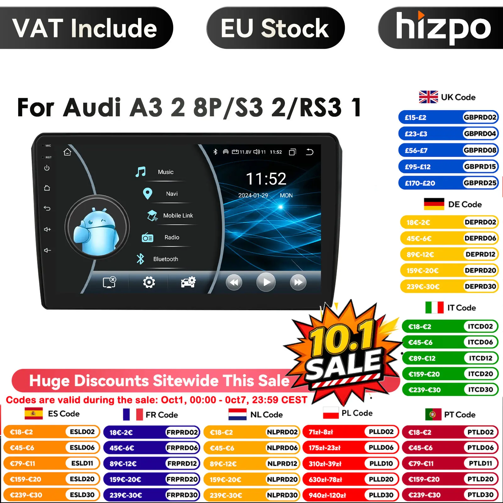 Hizpo AI Voce Wireless CarPlay Android 14 Auto Radio per Audi A3 8P 2004 - 2012 4G Auto Multimedia GPS 2din Autoradio DSP Stereo