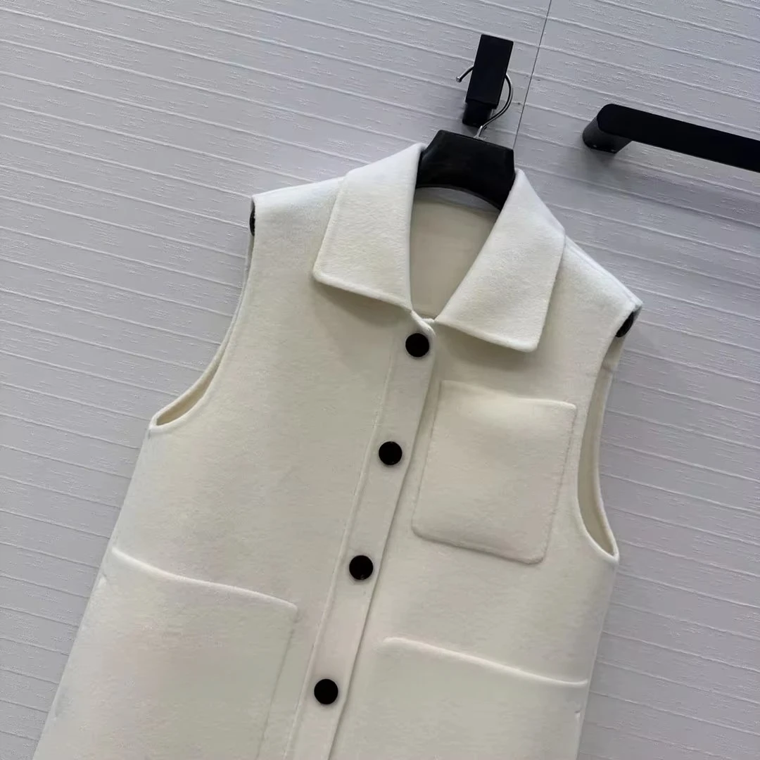 2026 New Fall Winter Double Sided Woolen Tank Coat Women Lapel Sleeveless Single Breasted Pockets Solid Color Chic Long Vest