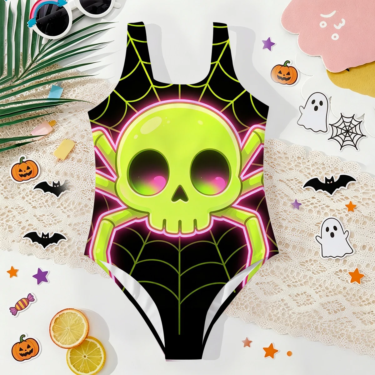 Girl Summer Halloween Skeleton Spider Elegant Fashion Tight One Piece Swimsuit