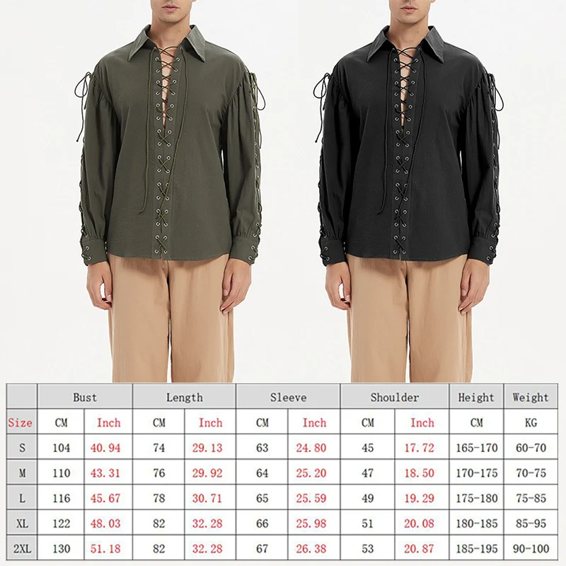 Men Medieval Gothic Retro Blouse Lace Up Sleeve Shirt Renaissance Mercenary Halloween Scottish Costume Tops