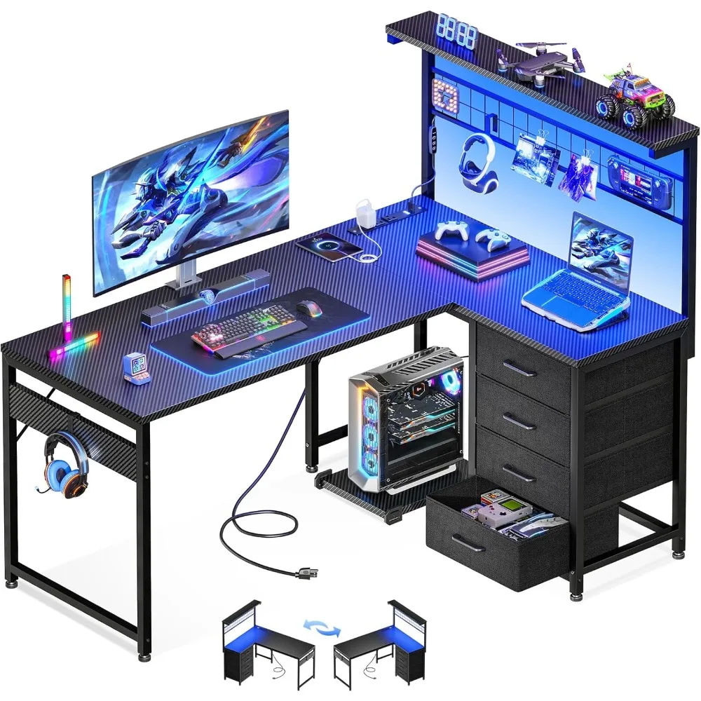

L Shaped Gaming Desk with Shelf & 4 Drawers, 43" Reversible Computer Desk with LED Light, Home Office Table with Hutch