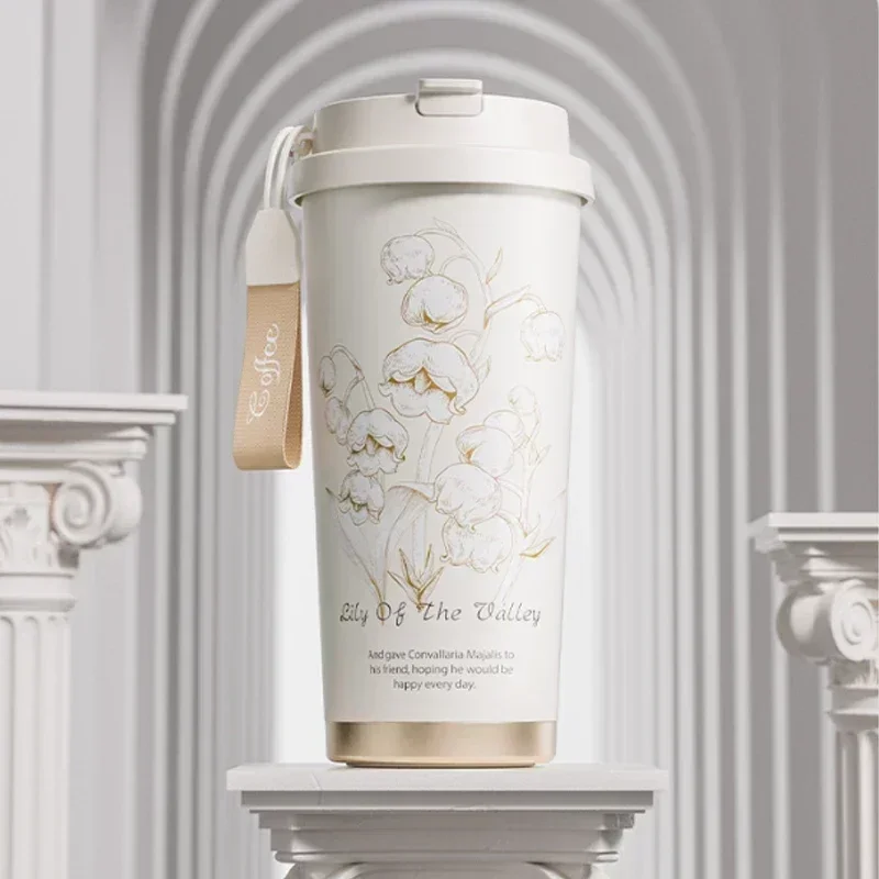 2026 Hot Lily of the Valley Design Travel Portable Leakproof Sippy Cup Coffee Cup Stainless Steel Car Cold Handy Cup Lijiao