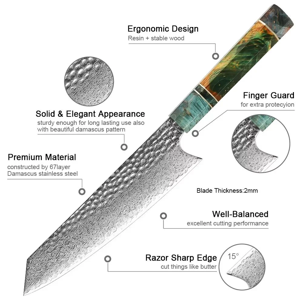 Damascus Kitchen Knife 8-inch Nakiri Knife 67 Layers Japanese Damascus Steel Slicing Chef Knife Razor Sharp Blade Colorful Wood