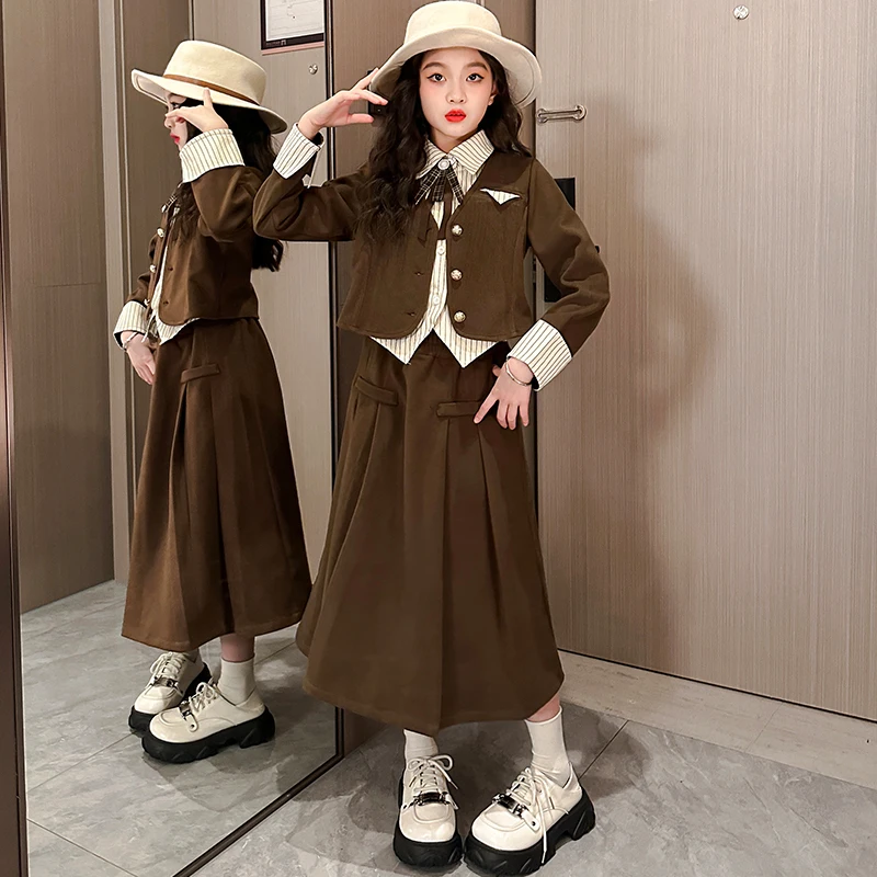 design teenager girls clothes skirt sets Striped patchwork short jacket+long skirt 2pcs 4-14 kids suit childer outfit bebe fille