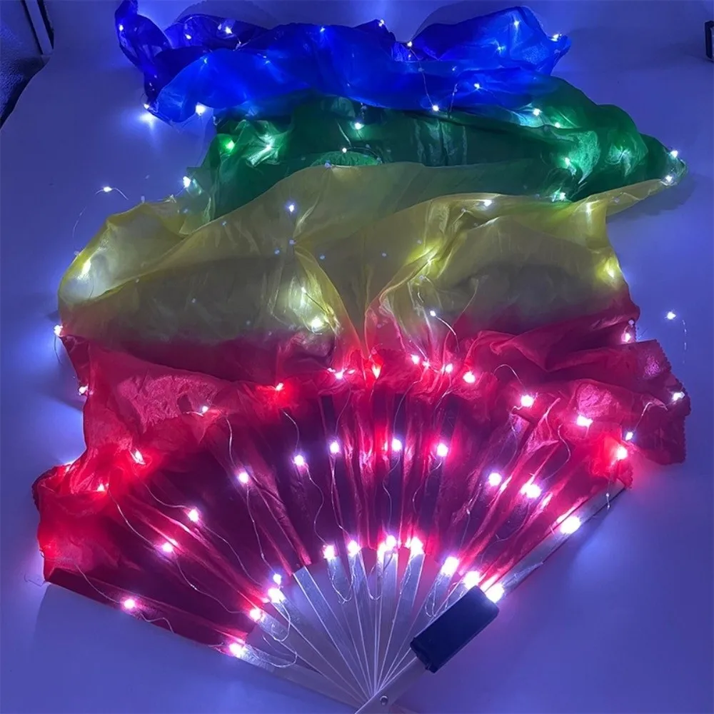 Multi Color Luminous Dance Fan Classical Battery Powered Long Silk Fan Glowing with LED Lights Folding Hand Fan Halloween