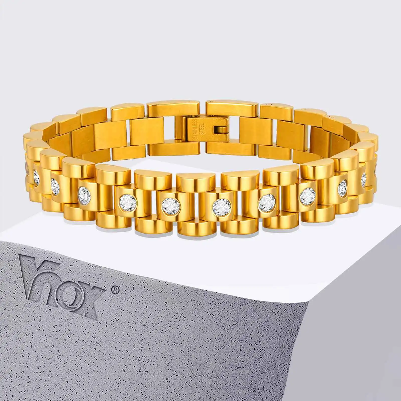 

Vnox Gold Plated Watchband Bracelet For Men Women, Stainless Steel Heavy Strap Chain Wristband, Business Causal Jewelry