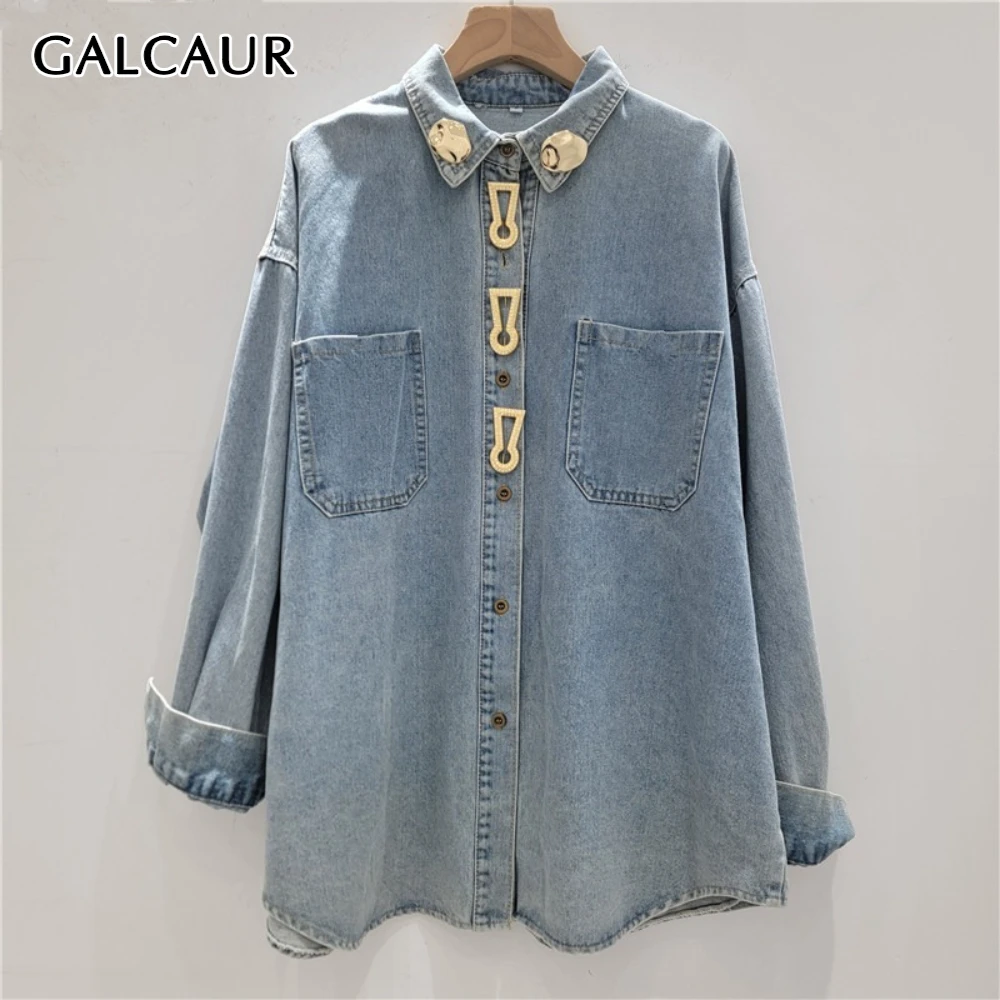 

GALCAUR Blue Spliced Buttons Chic Jacket Female Lapel Long Sleeve Loose Basics Design Women's Jackets Autumn Fashion New Style