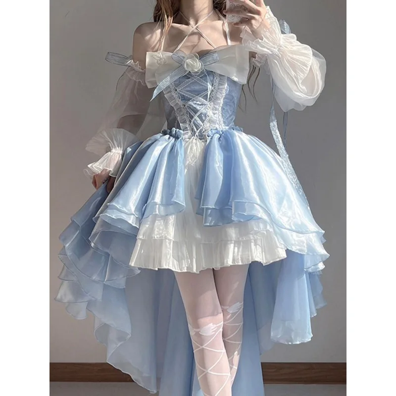 

Blue Lolita Dress Design Short Front And Long Back Wedding Dress Big Bow Tail Princess Skirt