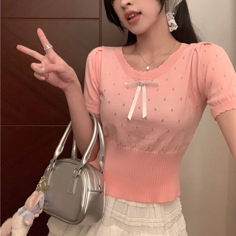 Rimocy Sweet Lace Bow T Shirts Women Summer Pink Kawaii Y2k Short Sleeve Crop Tops Woman 2000s Slim Roum Neck Knitted Tees Mujer