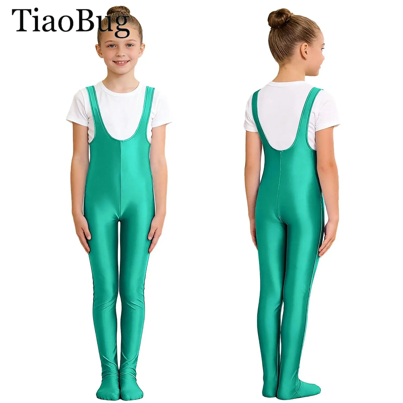 

Детский глянцевый гимнастический трико для девочек, комбинезон с U-образным вырезом, эластичное боди без рукавов, балетный комбинезон для йоги, упражнения для выступлений