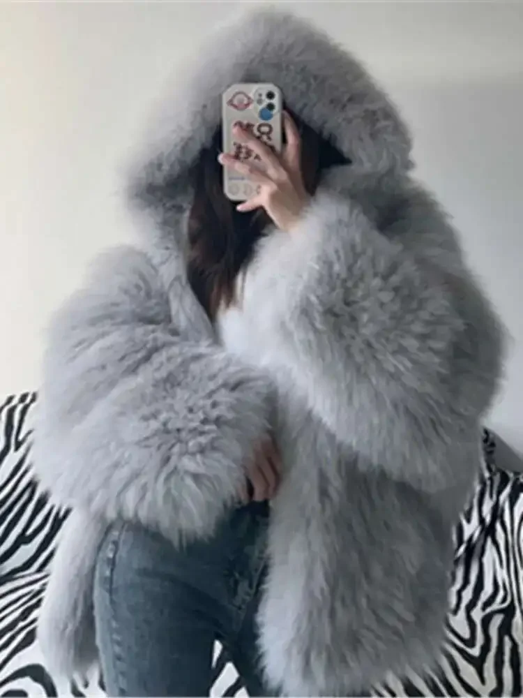 Temperament Hooded Batwing Sleeve Warm Faux Fur Coats For Women Casual Thick Female Jacket 2025 Fashion Autumn Winter New