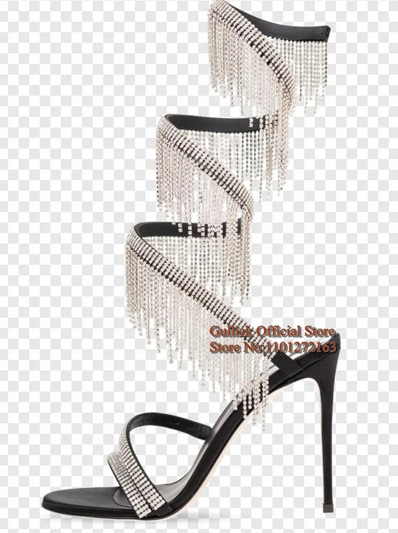 

Crystal Embellished Ankle Strap Sandals Thin Heels Rhinestone Fringe Twining Black Leather 10CM Women Gladiator Sandals Shoes