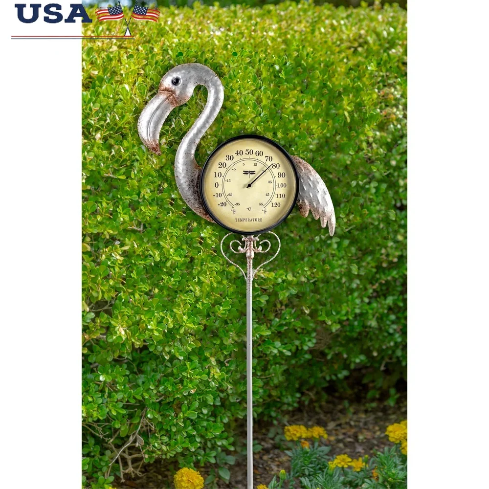 

Outdoor Thermometer Garden Stake Rustic Iron Flamingo Décor All-Weather Adjustable Height Compact Hanging Design Temperature