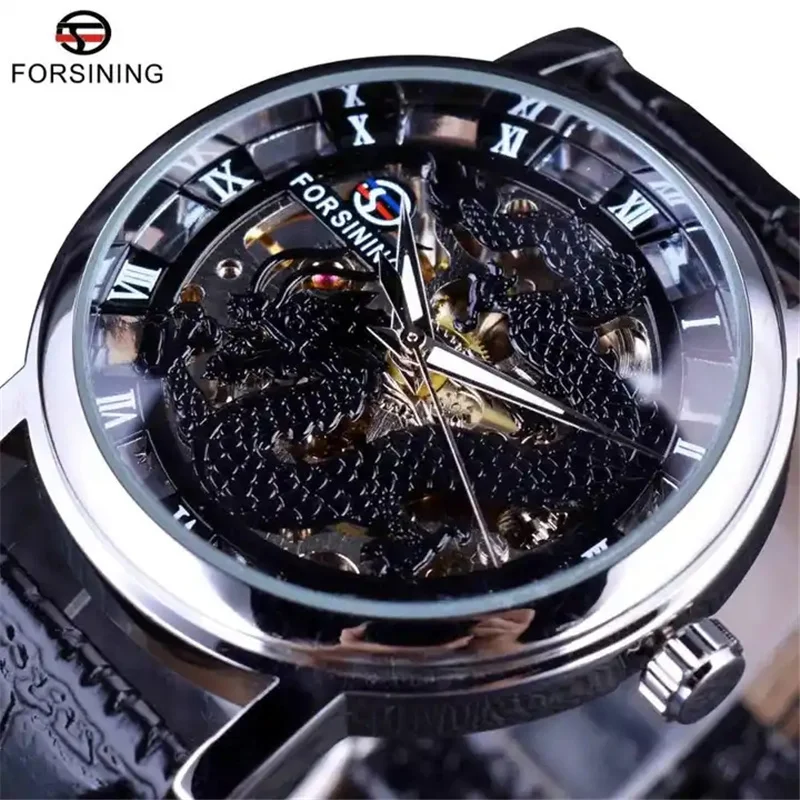 Forsining 36 Leather Mens Watches Top Brand Luxury Transparent Skeleton Dragon Mechanical Sport Male Wrist Handwinder WristWatch