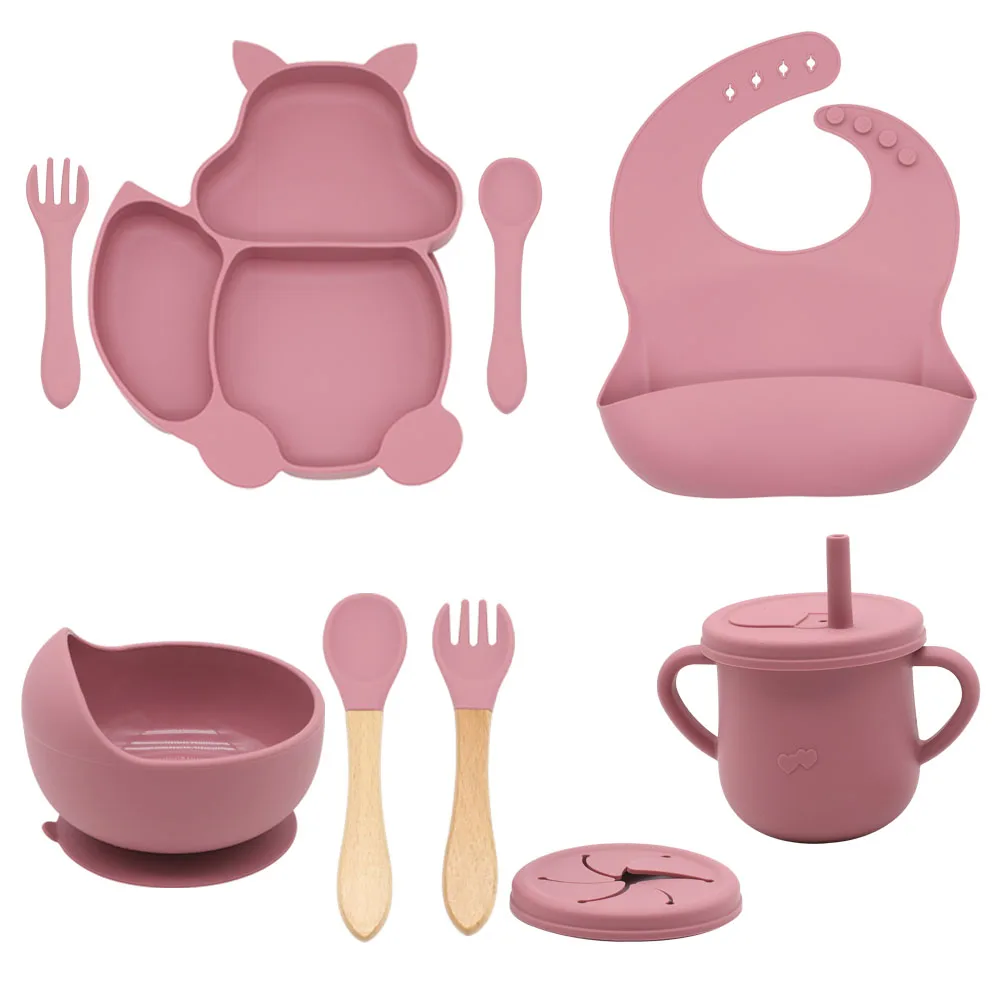 9pcs baby silicone tableware set with cartoon squirrel dinner plate and bowl, 2-in-1 water cup, snack cup, spoon and fork