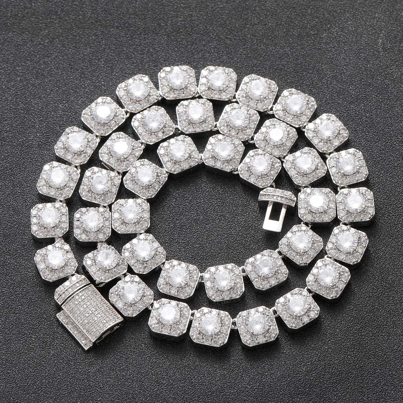 

10mm Iced Out Square Cluster Tennis Chain Micro Pave Cubic Zircon Cuban Link Necklace Bracelet For Men Women