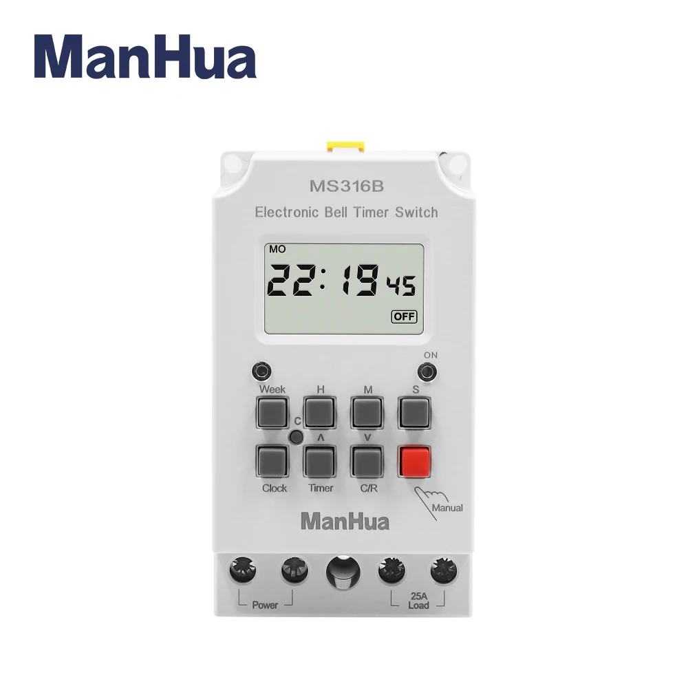 ManHua-Display LCD School Bell Timer com tampa, semanal, programável, 99, horário, 23 horas, 59 segundos, 220VAC, 25A, MS316B