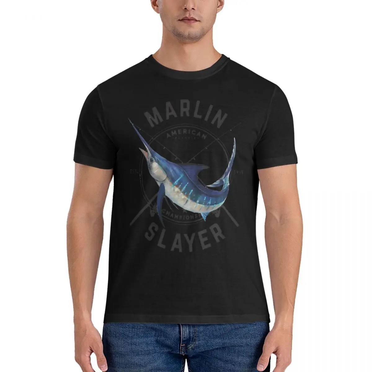 Marlin Slayer T Shirts for Men 100% Cotton Funny T-Shirt Crewneck Major league fishing Tee Shirt Short Sleeve Clothes Birthday