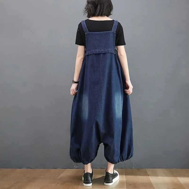 Women's Oversized Denim Jumpsuit, Summer Streetwear, Suspenders, Loose Wide Leg Jeans, Female Casual Lantern, Nine Points Romper