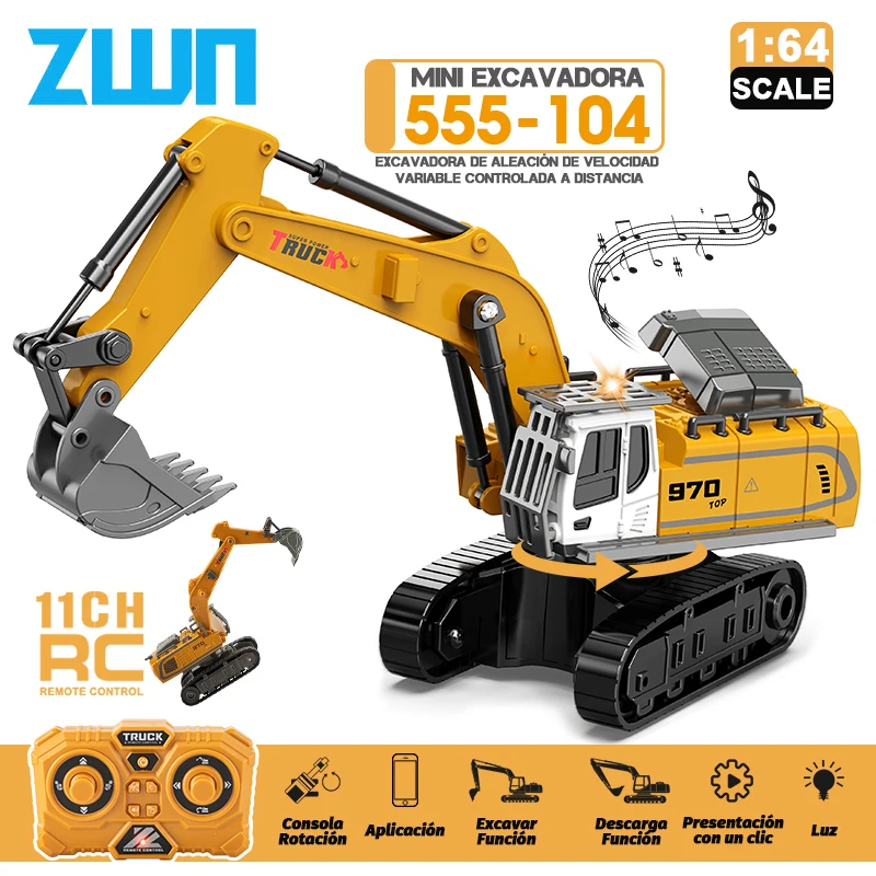 ZWN 1:64 Coche de Juguete a Control Remoto, Mini Excavadora de Aleación, Vehículo de Construcción de Simulación Profesional, el Mejor Regalo para Niños