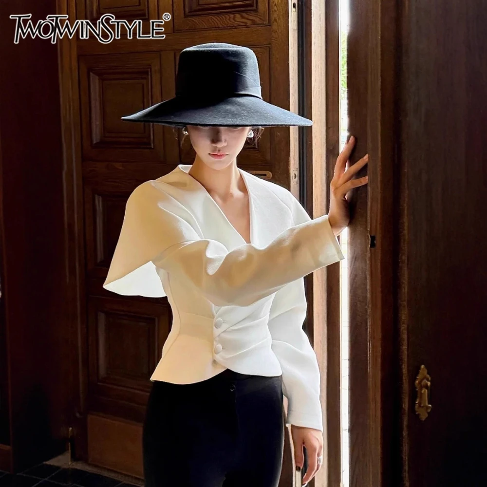 

TWOTWINSTYLE White Spliced Shawl Korean Shirt Female V Neck Long Sleeve Loose Elegant Temperament Women's Shirts Autumn Style