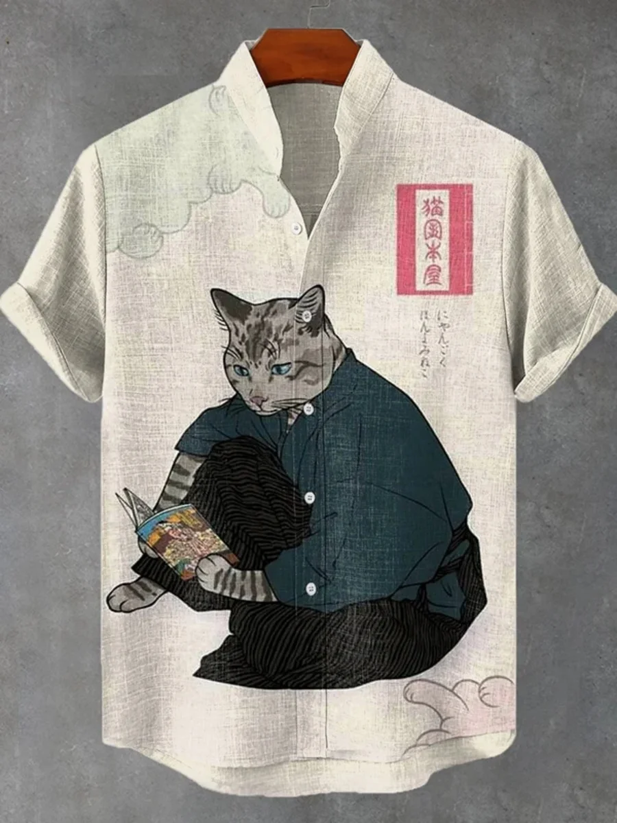 

Men's summer new Japanese style art cat pattern print men's retro linen short sleeved shirt casual simple button top